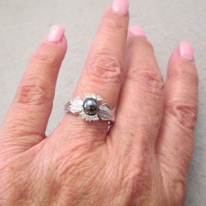 Sterling Silver & Genuine Black Pearl Ring w/CZ's